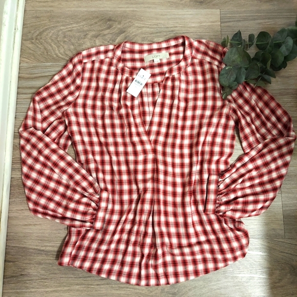 LOFT Tops - LOFT Plaid V Neck Long Sleeve Shirt